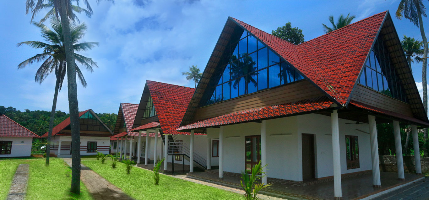Gabled red-tile cottages with glass fronts